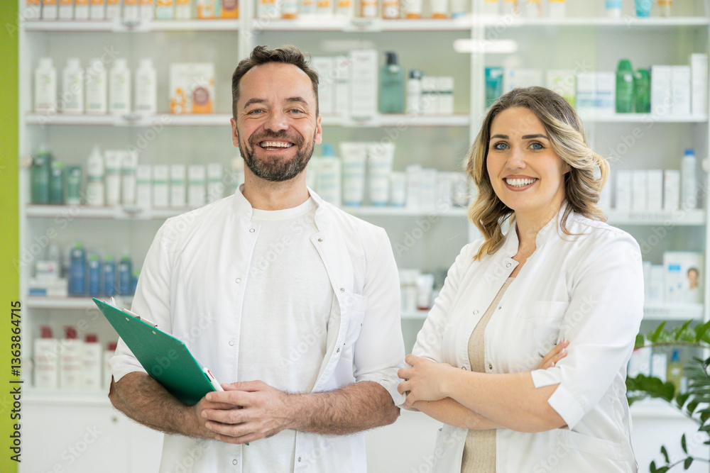 Fototapeta premium Two happy pharmacists pose and smile together in front of stocked shelves, emphasizing teamwork in healthcare.