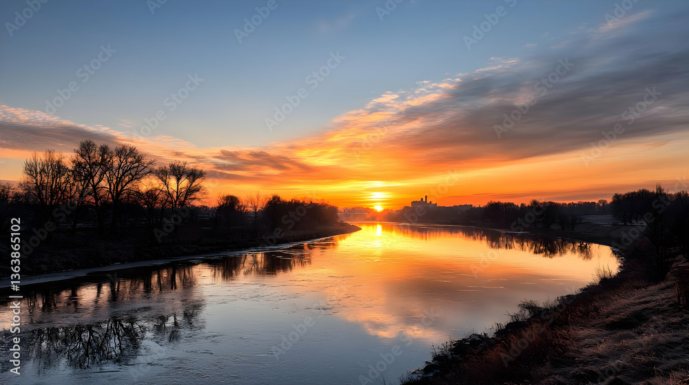 Naklejka premium Orange Sunset Reflection Over Still River with Silhouetted Trees and Clouds in the Evening