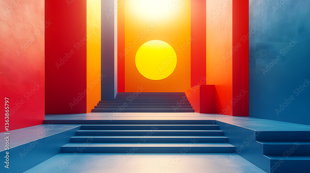 Fototapeta premium Geometric Architectural Vista: A mesmerizing interplay of vibrant hues and geometric forms. The image features a modern architectural design, characterized by clean lines, colorful walls.