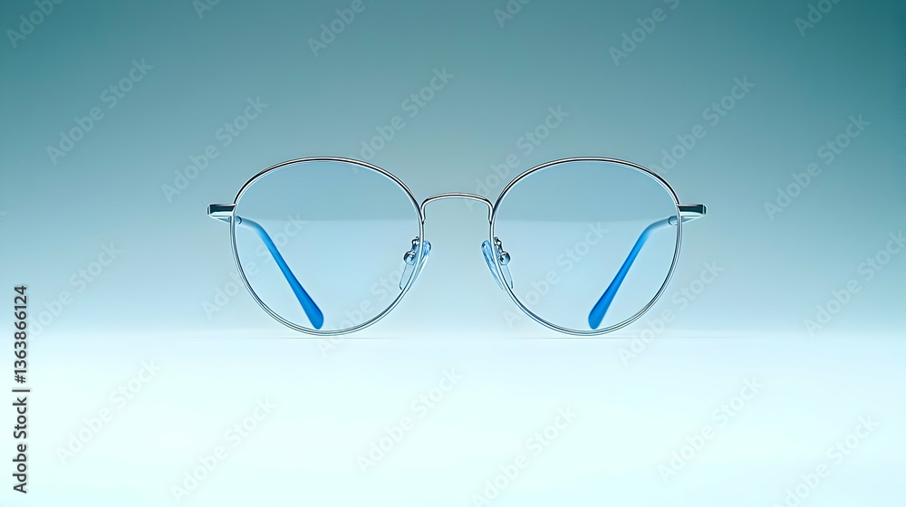 Fototapeta premium Silver Framed Round Eyeglasses with Blue Lenses on a Light Background Studio Shot with Clear Details