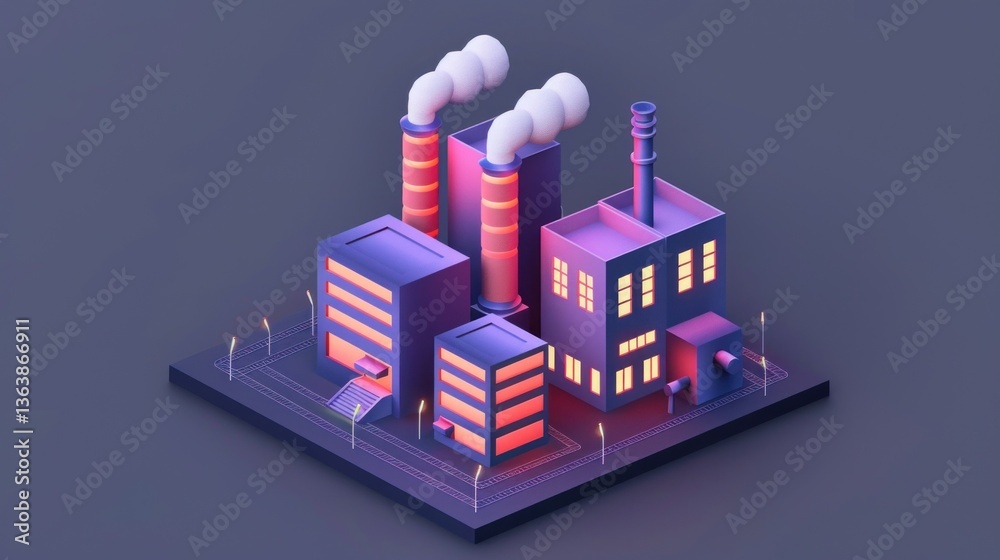 Obraz premium Industrial Complex with Illuminated Structures and Smokestacks