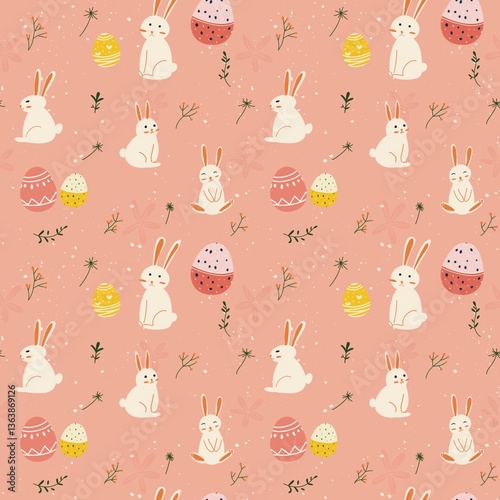 Easter egg for easter holiday seamless pattern with rabbit, egg and flower. Hand drawn with pink background and can print