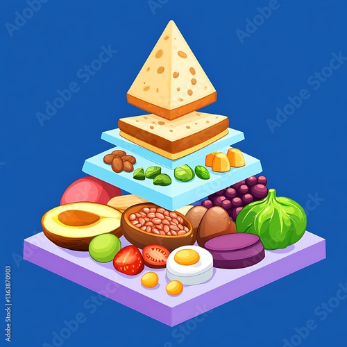 An illustrated depiction of a balanced food pyramid for nutrition