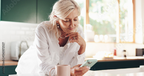 Relax, phone and reading with old woman in kitchen for retirement fund, social security benefits or news. Senior discount, membership application and update with person at home for annuity sign up