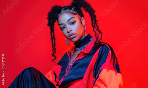 Young woman in sporty fashion red background