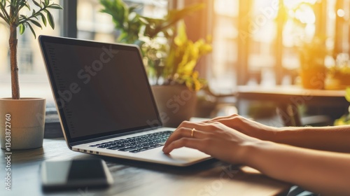 Laptop use at a cafe. Hands typing on a laptop computer.  Sunlight streams through a window. Plants and a phone are visible