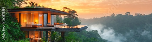 A modern house with an infinity pool overlooking a beautiful landscape