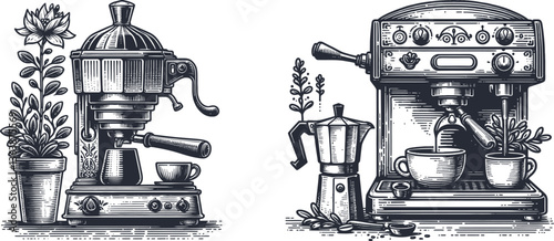 Engraving Design Set of Classic Espresso Machine with Elegant Flower Pot – Unique and Stylish espresso machine, vintage, coffeemaker, coffee, flower pot, kitchen, beverage, cafe, home decor, barista