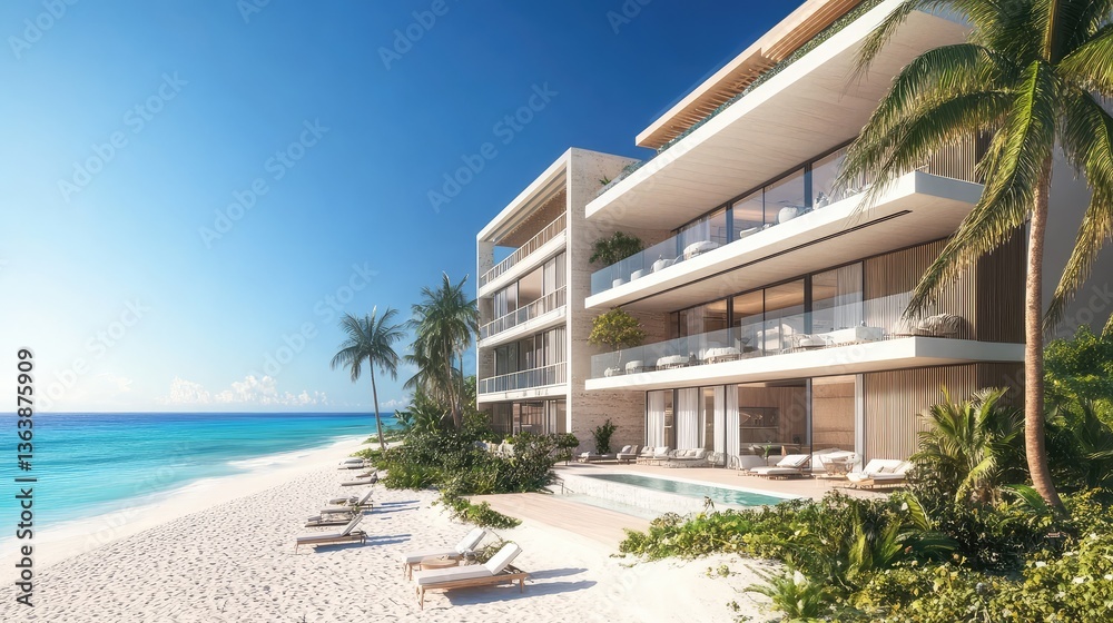 Fototapeta premium Luxury beachfront hotel with a modern facade, large balconies, and palm trees, overlooking a pristine white sand beach and turquoise ocean. A serene and inviting atmosphere. Copy space available.