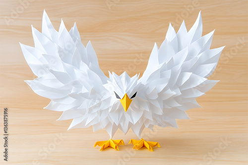 Fototapeta Naklejka Na Ścianę i Meble -  White paper bird with large wings, origami-style, on wood