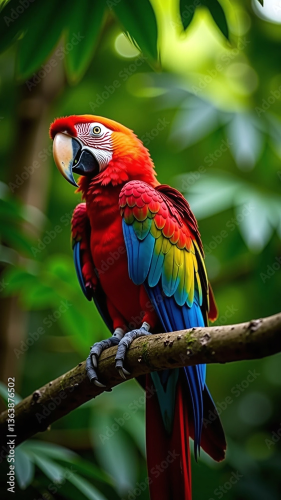 Obraz premium A vibrant scarlet macaw perched on a tree branch in a lush tropical rainforest.
