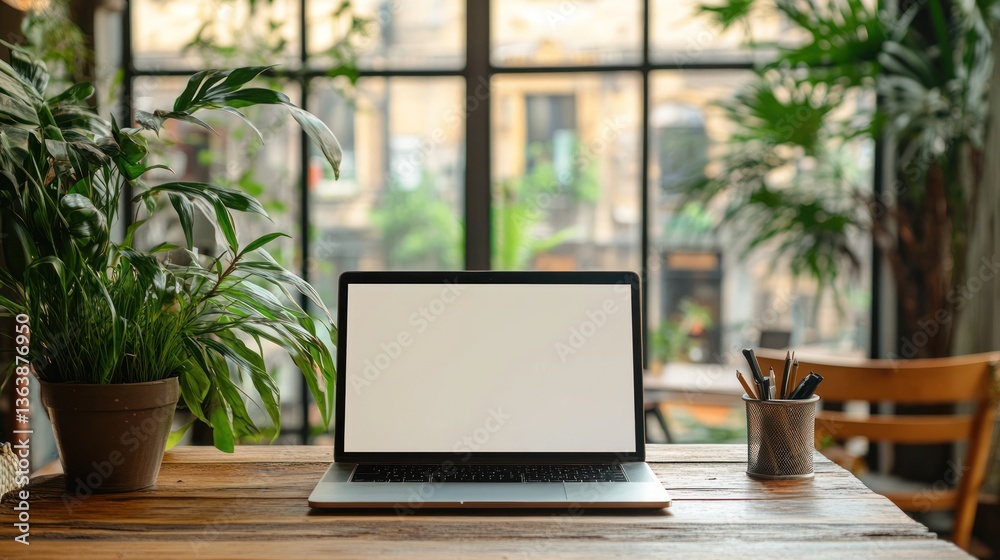 Fototapeta premium Modern workspace laptop on a wooden table with plants
