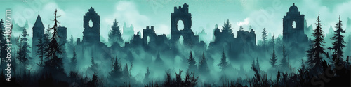 Mysterious Medieval Ruins with Dark Forest in Misty Blue Hues - Enigmatic Night Landscape - Fantasy Gothic Architecture Scenic View with Tall Trees in Foggy Atmosphere