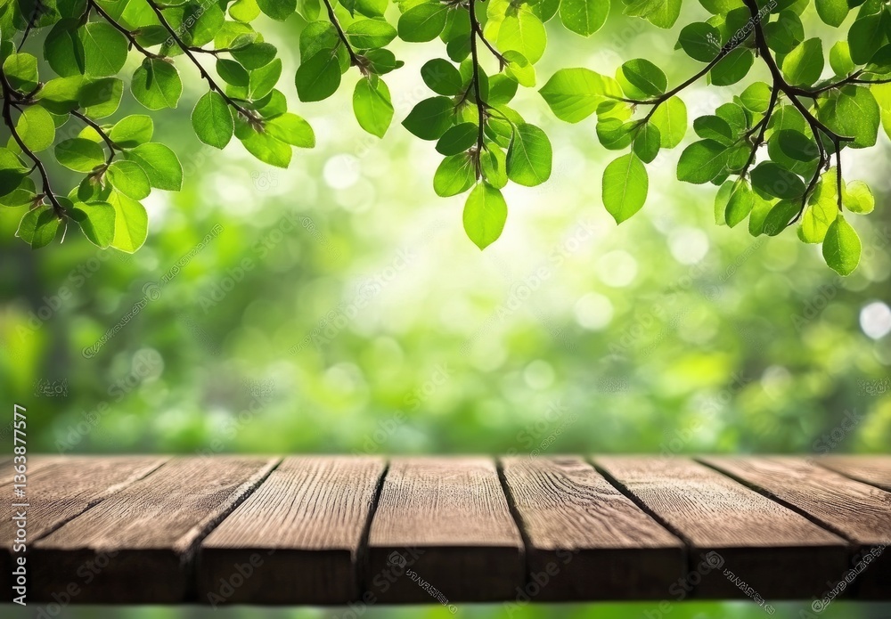 Rustic wooden table with lush greenery Rustic wooden table with lush greenery