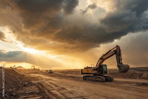 Excavator at Construction Site – Heavy Equipment for Earthmoving & Digging.