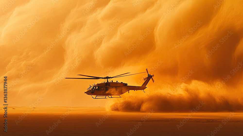 A lone helicopter bravely navigates a fierce desert sandstorm, its silhouette stark against the fiery orange sky, a breathtaking display of power and resilience. A lone helicopter bravely navigates a fierce desert sandstorm, its silhouette stark against the fiery orange sky, a breathtaking display of power and resilience.