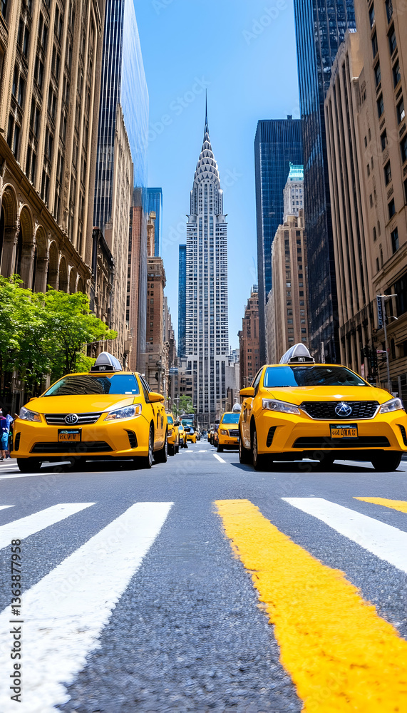 Naklejka premium Yellow cabs on city street, iconic skyscraper backdrop