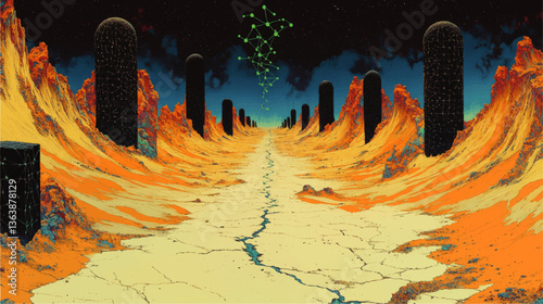"Surreal Futuristic Landscape Vector: Abstract Desert, Cracked Terrain, Mysterious Black Monoliths, Cosmic Network in Starry Sky - Sci-Fi Art Design"