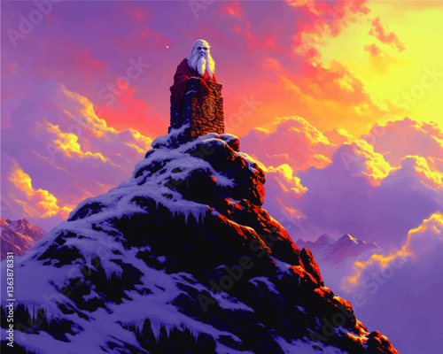 Mystic Elder in Snowy Mountains Under Luminous Sunset | Fantasy Vector Art with Majestic Sunrise and Clouds | Winter Magic and Enigmatic Wizard