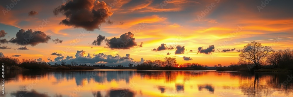 Fototapeta premium Golden sunlight bathes the landscape as the sun dips below the horizon