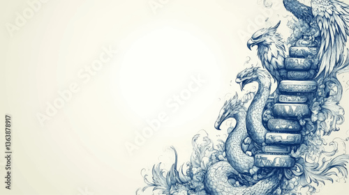 Elegant Vector Illustration of Mythical Creatures: Phoenix and Hydra Twined Among Ancient Stone Runes Embodying Fantasy Art and Mysterious Symbolism