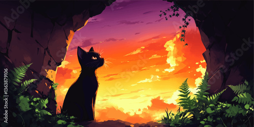 Captivating Black Cat Silhouette at Sunset in Scenic Cave Entrance with Lush Green Ferns and Dramatic Orange Purple Sky - Serene Nature Vector Art Illustration