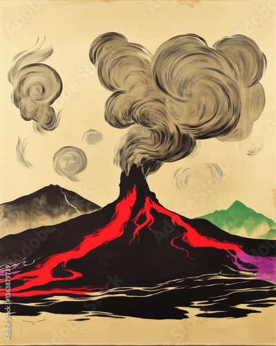 Dramatic Vector Illustration of Volcanic Eruption with Flowing Lava and Ash Clouds in Vibrant Landscape Featuring Mountains and Dynamic Abstract Art