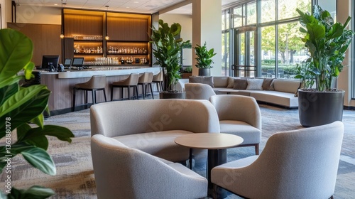 Modern and cozy hotel lobby featuring neutral color tones, contemporary seating, and decorative indoor plants. Stylish and welcoming space. Copy space available.