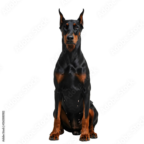A Doberman Pinscher dog sitting on a transparent background.