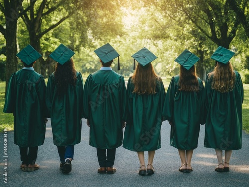 back view of group of students in green graduation gown and cap standing together on asphalt facing green lawn with trees  - ai