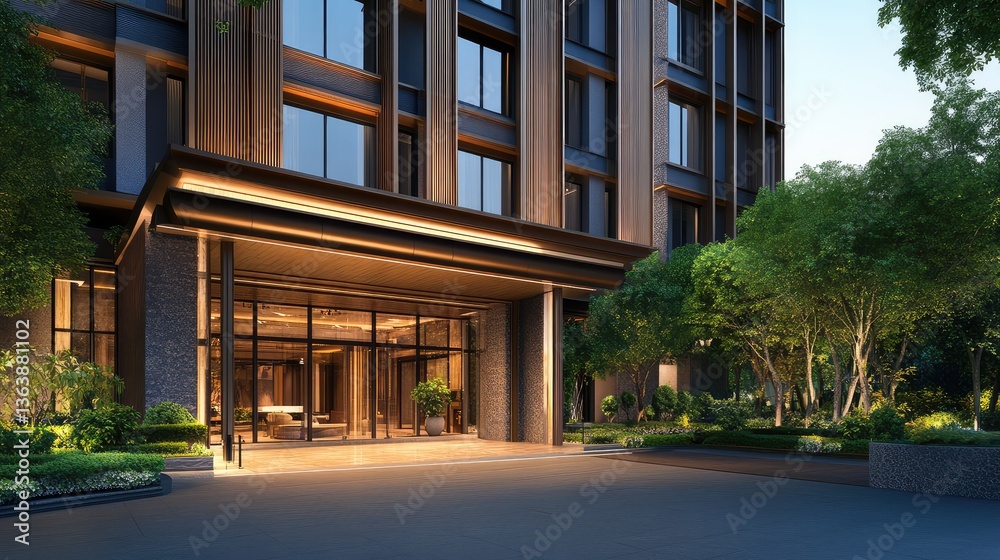 Fototapeta premium Modern business hotel exterior with sleek glass windows, high-rise architecture, and a professional atmosphere. A perfect blend of style and functionality for business travelers. Copy space available.