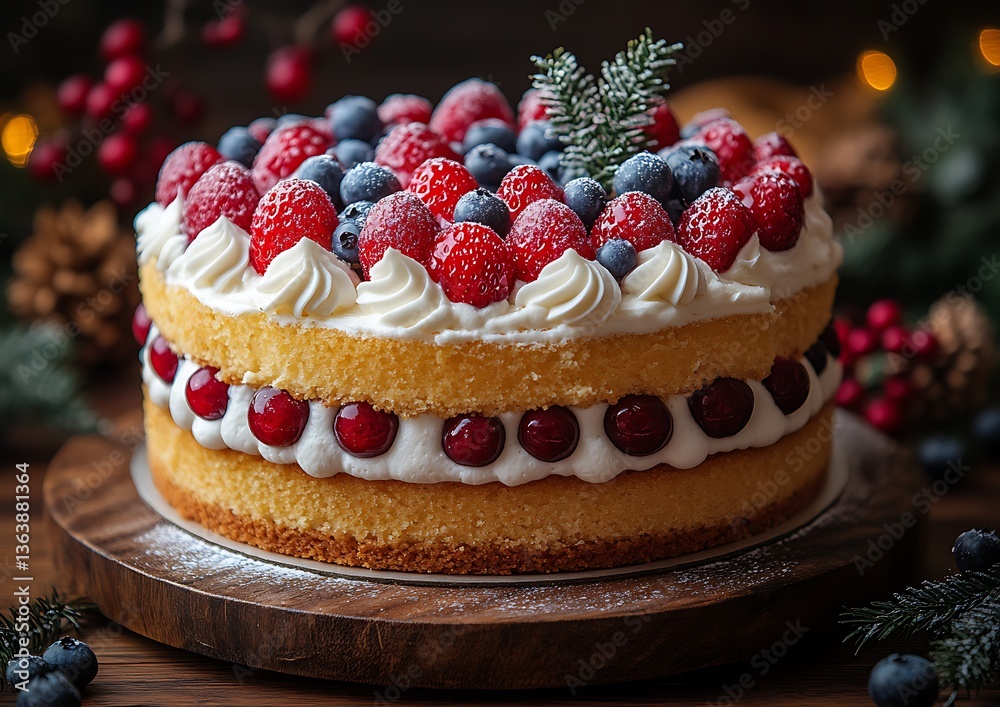 A delicious layered cake decorated with fresh berries and cream swirls A delicious layered cake decorated with fresh berries and cream swirls