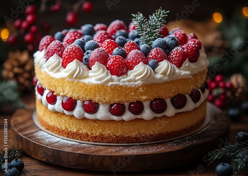 Wallpaper Mural A delicious layered cake decorated with fresh berries and cream swirls Torontodigital.ca