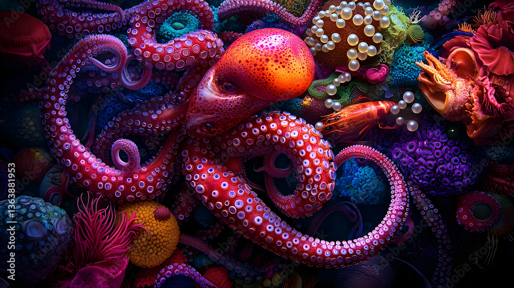 Obraz premium Colorful Octopus In Vibrant Coral Reef Scene