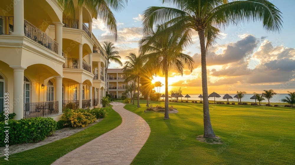 Obraz premium Resort-style hotel exterior with large balconies, tropical gardens, and ocean views at sunset. A serene and luxurious setting. Copy space included.