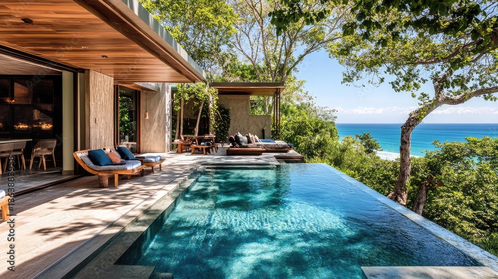 custom made wallpaper toronto digitalSecluded beachfront resort with modern tropical architecture, lush gardens, and a tranquil infinity pool overlooking the turquoise ocean. A luxury escape. Copy space included.