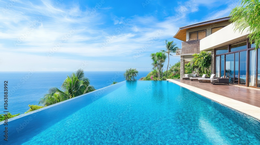 Fototapeta premium Secluded beachfront resort with modern tropical architecture, lush gardens, and a tranquil infinity pool overlooking the turquoise ocean. A luxury escape. Copy space included.