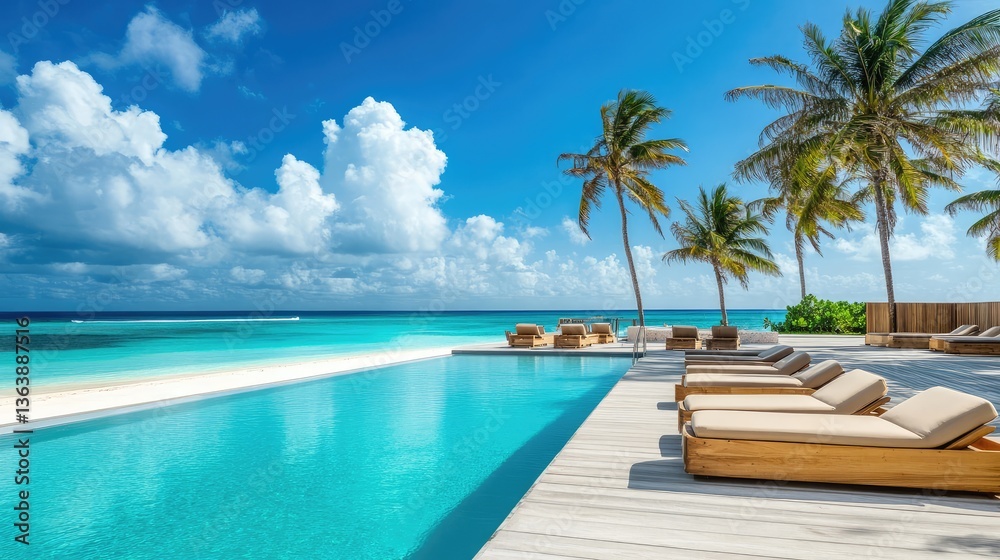 Fototapeta premium Stylish beachfront pool area with contemporary wooden lounge chairs, a swim-up bar, and a view of the endless horizon. A perfect luxury escape. Copy space available.