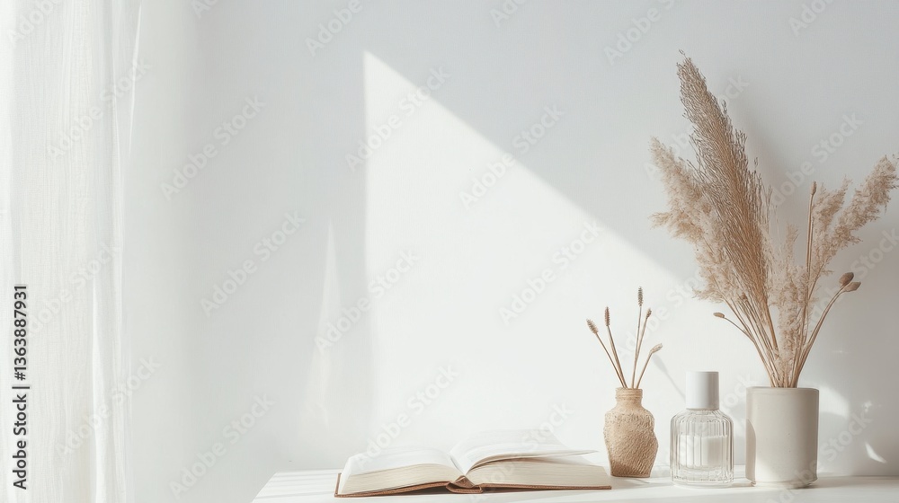 Minimalist Decor with Open Book and Dried Flowers in Soft Light Minimalist Decor with Open Book and Dried Flowers in Soft Light