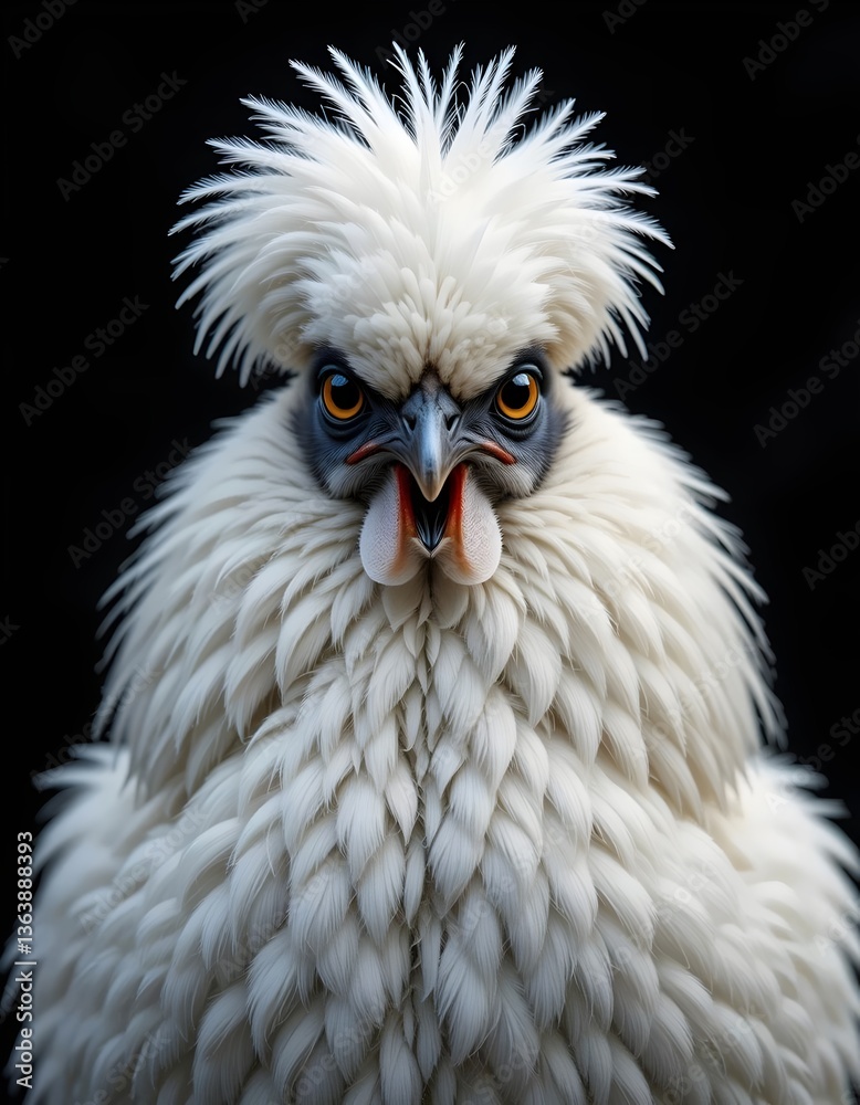Obraz premium Close-Up of a Silkie Chicken with Fluffy Crest Feathers – Exotic Farm Bird Portrait, bird, poultry, feathers, fluffy, exotic bird, farm animal, close-up, crest feathers, unique chicken, farm bird