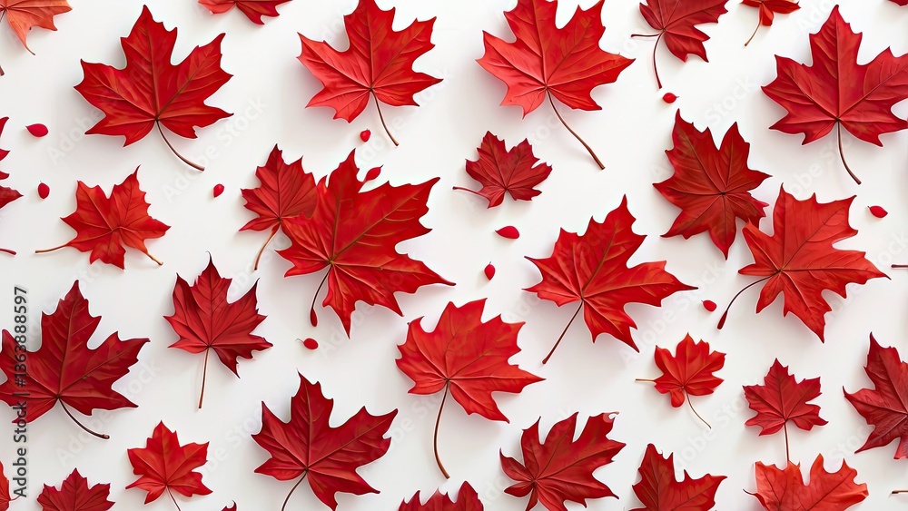 A seamless pattern featuring an arrangement of various red maple leaves scattered against a white background A seamless pattern featuring an arrangement of various red maple leaves scattered against a white background
