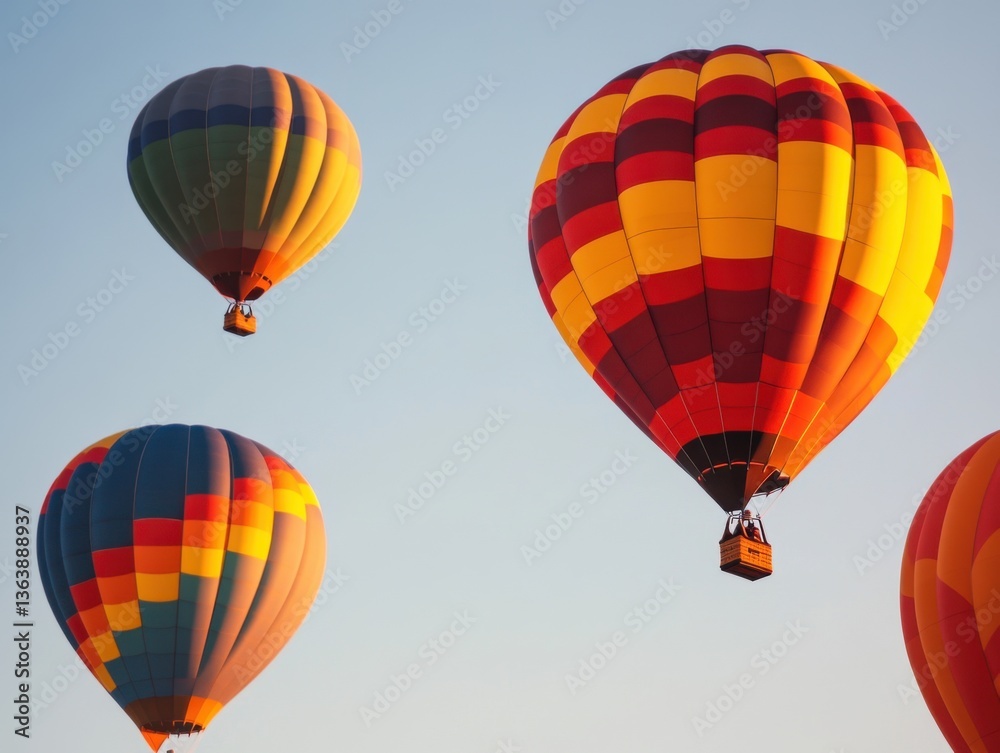 Fototapeta premium Hot air balloons in formation with soft morning lighting and negative space on right