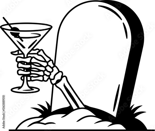 Skeleton Hand with Martini in Front of Tombstone
