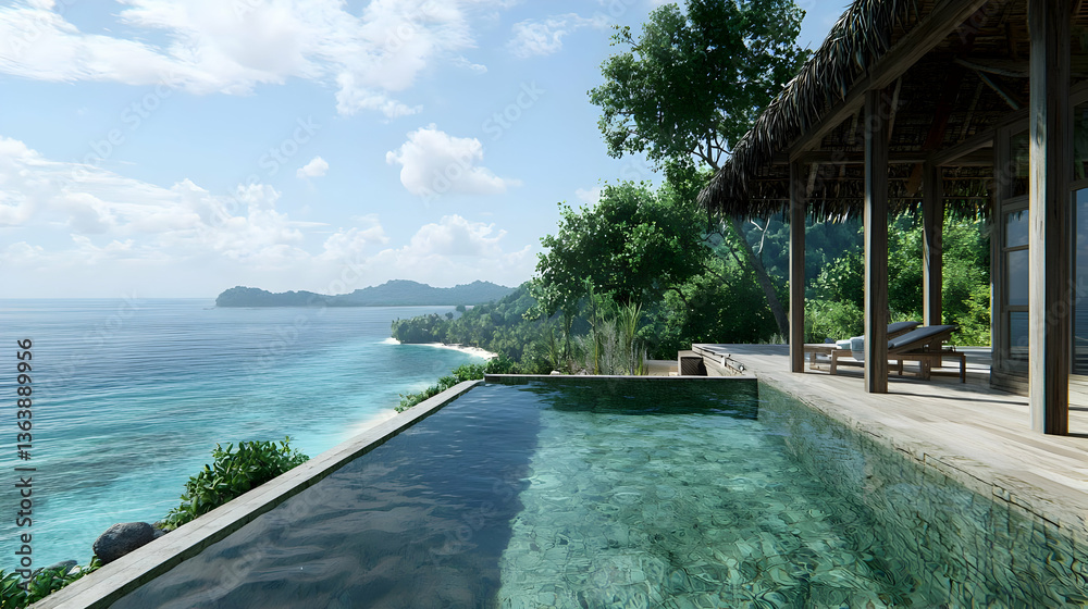 Fototapeta premium Tropical Infinity Pool Overlooking Ocean From Luxury Villa