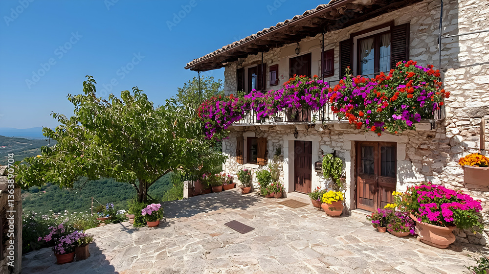 Obraz premium Stone House With Colorful Flowers And Greenery On A Sunny Day With Blue Sky And Sea View