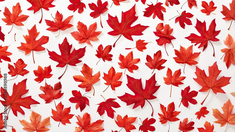 A seamless pattern featuring an arrangement of various red maple leaves scattered against a white background A seamless pattern featuring an arrangement of various red maple leaves scattered against a white background