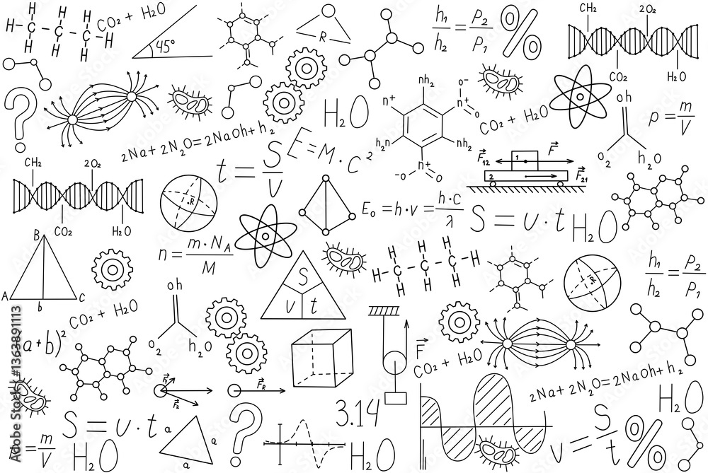 School background with written formulas, drawings on geometry, chemistry, biology and physics. School blackboard with handwritten formulas. Scientific illustration for design. School background with written formulas, drawings on geometry, chemistry, biology and physics. School blackboard with handwritten formulas. Scientific illustration for design.