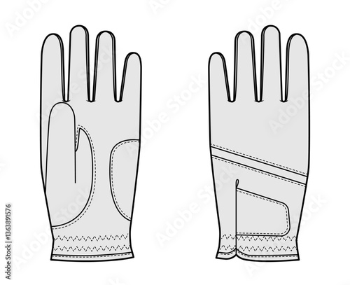 Golf Gloves Fashion hand accessory clothing technical illustration garment. Vector front palm back view for Men, women, unisex style flat template CAD mockup sketch outline on white background