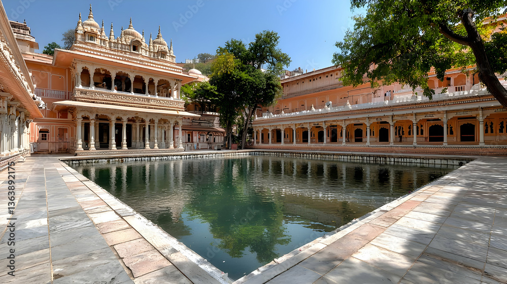 Fototapeta premium Reflective Pool in Courtyard of Ornate Indian Palace Architecture in Jaipur Rajasthan