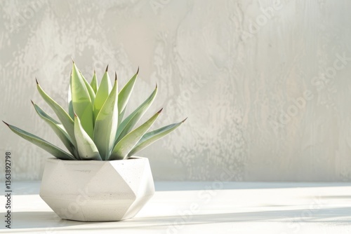 A modern, bold shot of an agave plant in a geometric, matte white planter, set against a clean concrete backdrop 